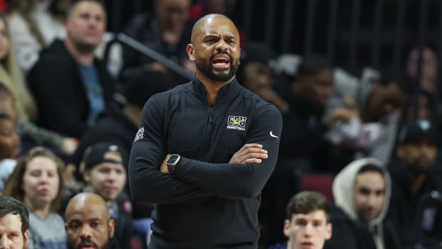 Dec 30, 2022; Piscataway, New Jersey, USA; Coppin State Eagles head coach Juan Dixon reacts during the first half against the Rutgers Scarlet Knights at Jersey Mike's Arena.